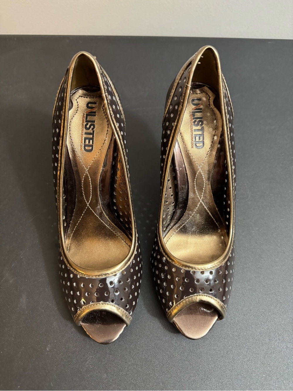 UNLISTED Brown Peep-Toe Studded Pumps with Gold Trim
